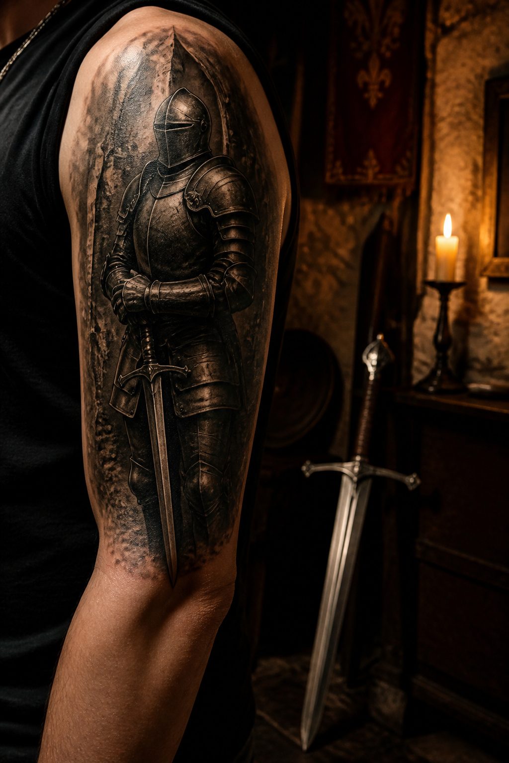A gothic tattoo of a knight in detailed armor.