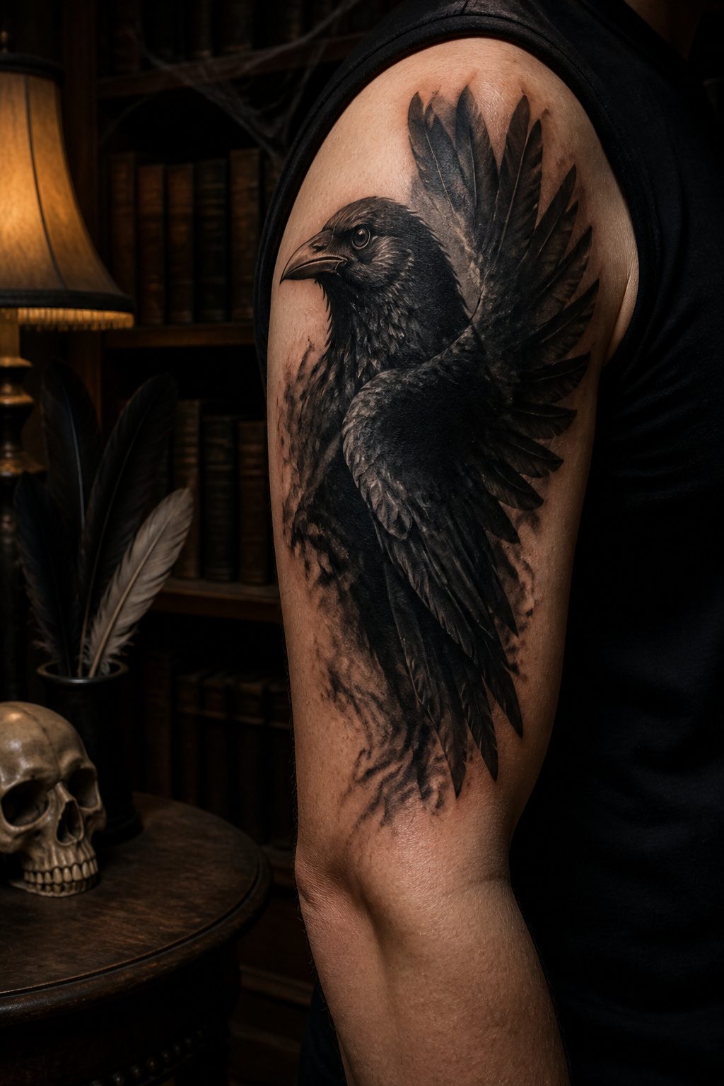 A black and grey raven tattoo with emphasis on dark feathers.