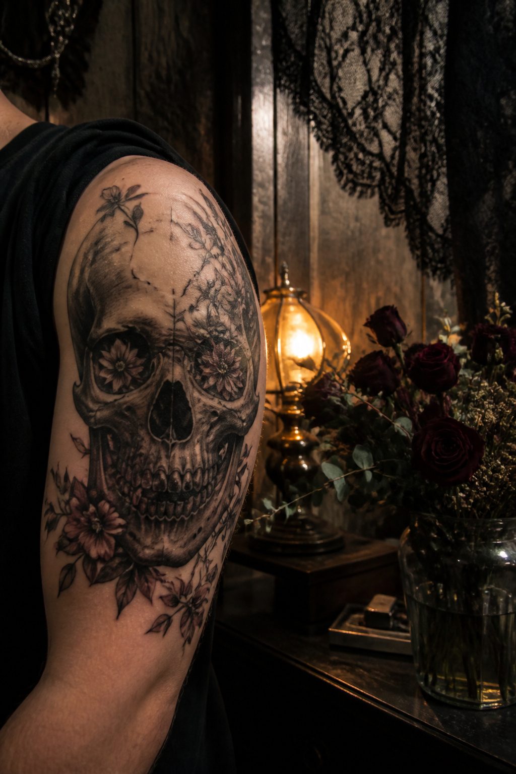 A gothic skull tattoo with flowers growing from the eye sockets.