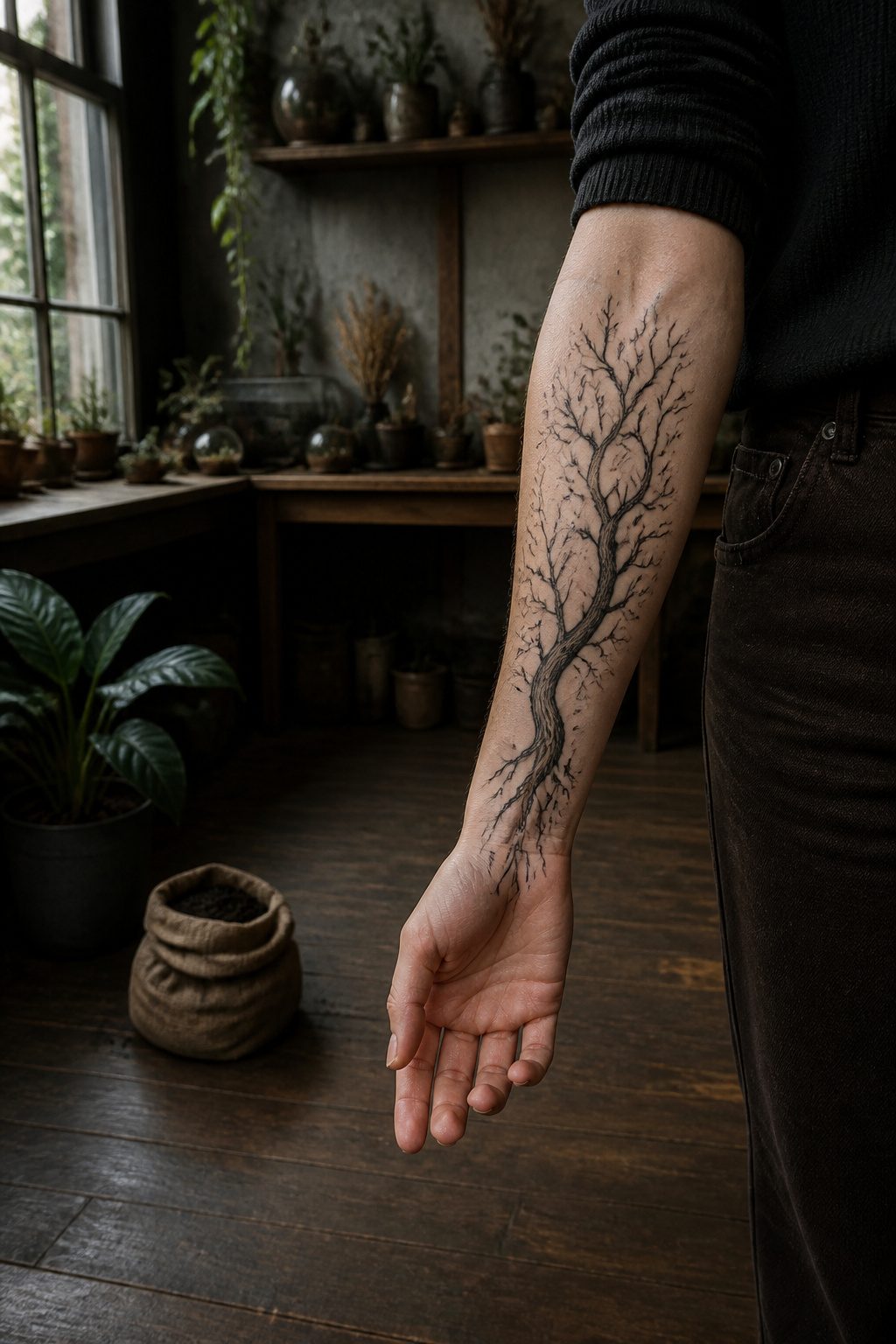 A gothic tattoo of a dead tree with intricate branches.