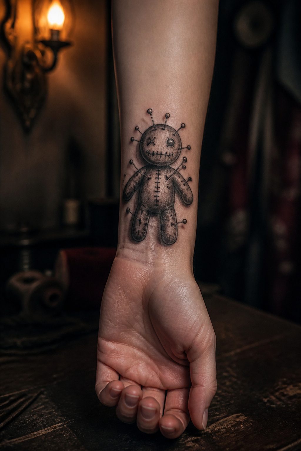 A gothic tattoo of a voodoo doll with stitched seams.