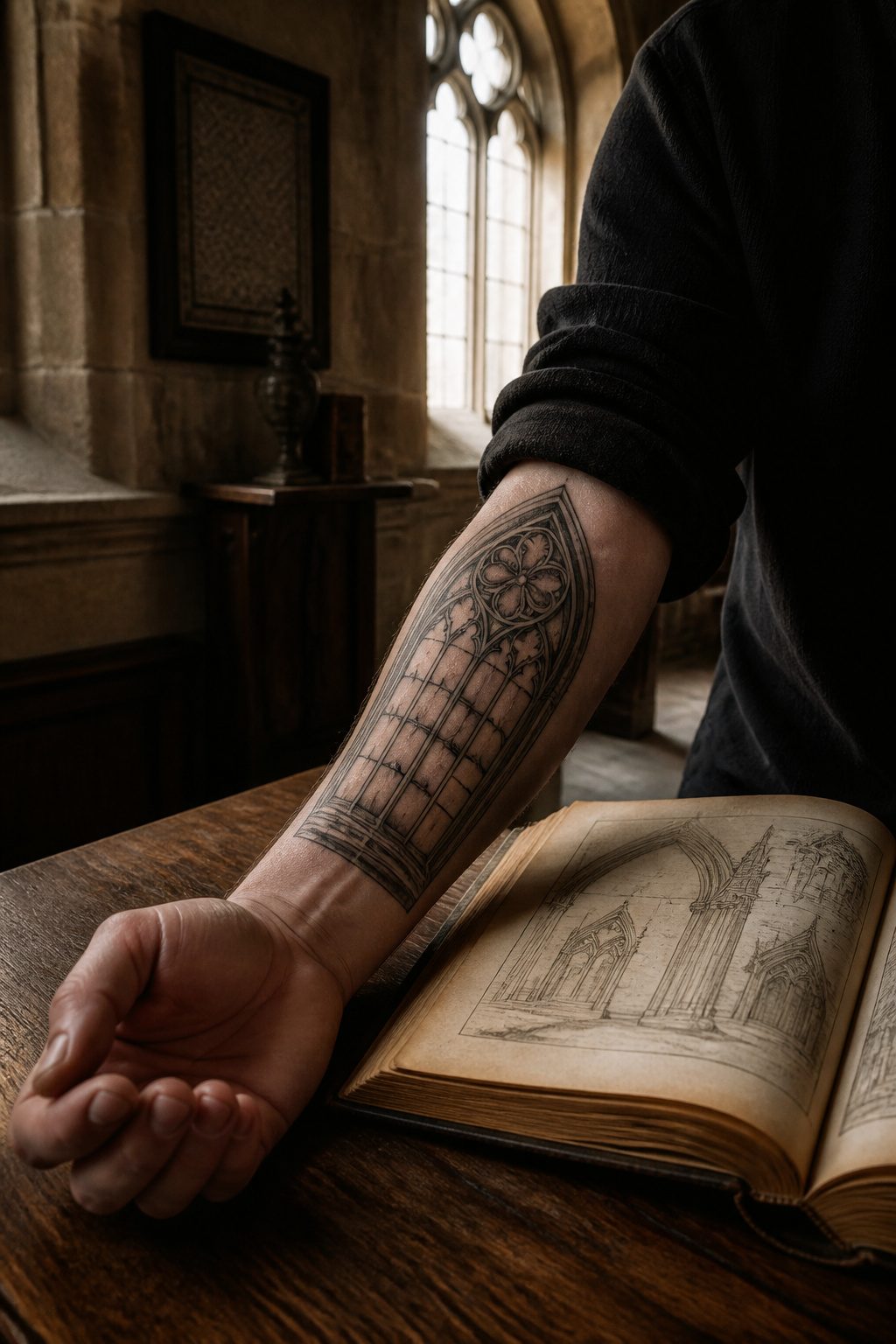 A gothic window tattoo with detailed lead lines and negative space.