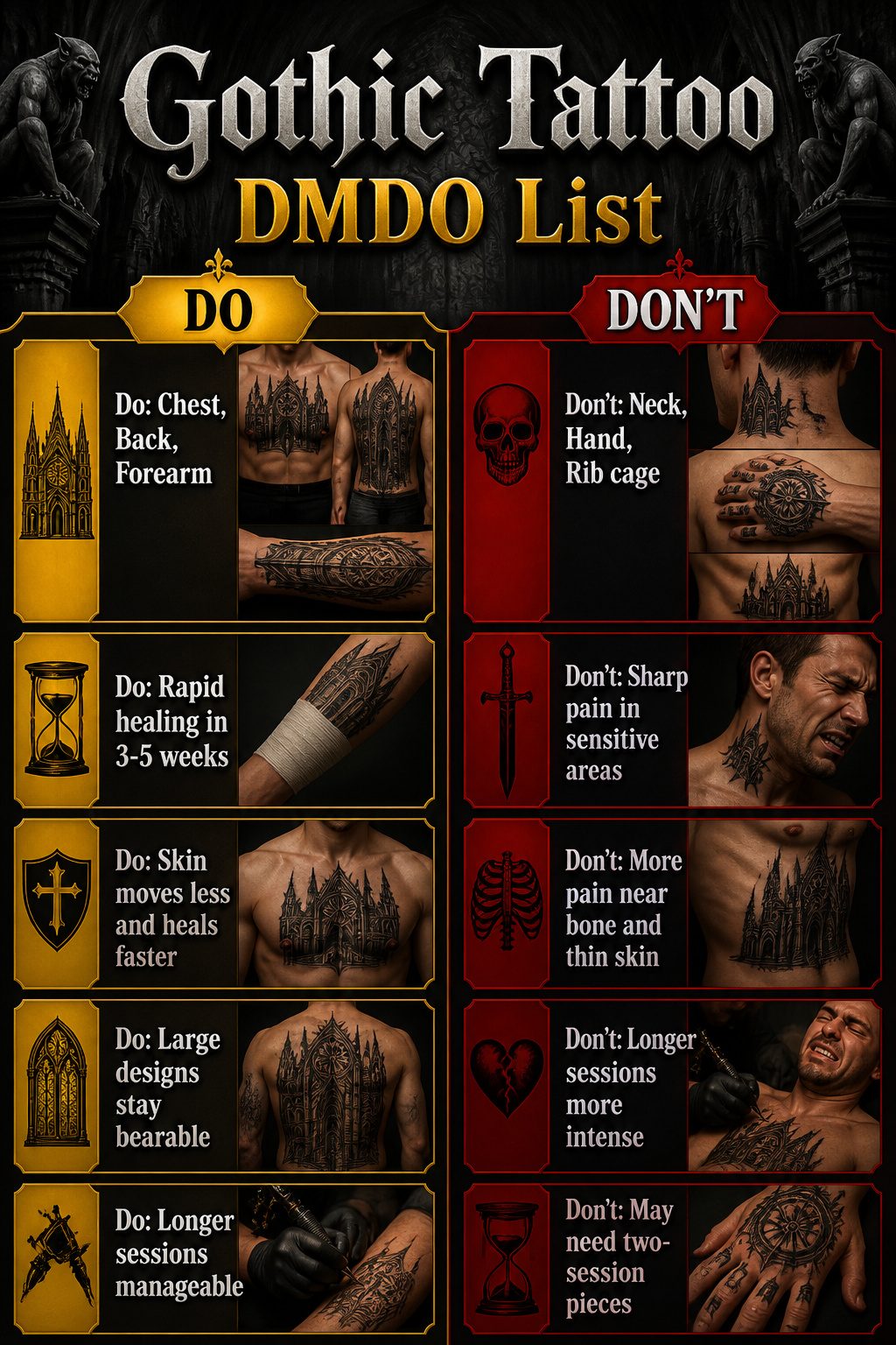 Illustration of various body placements for gothic tattoos.