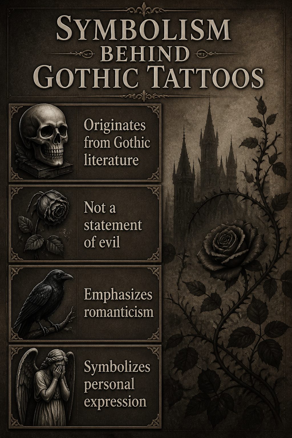 A collection of gothic tattoo symbols including skulls and roses.