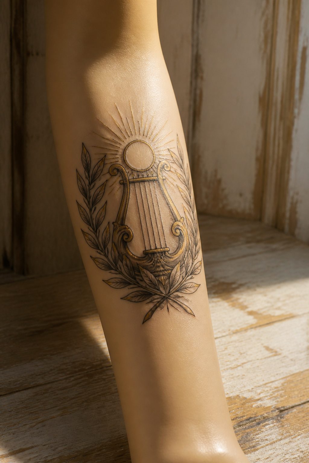 10 Greek Mythology Tattoo Ideas for 2026 8 Tattoo of Apollo with a lyre and laurel wreath.