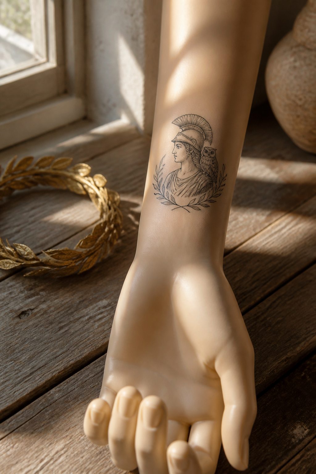 10 Greek Mythology Tattoo Ideas for 2026 2 Tattoo of Athena with an owl on a wrist.