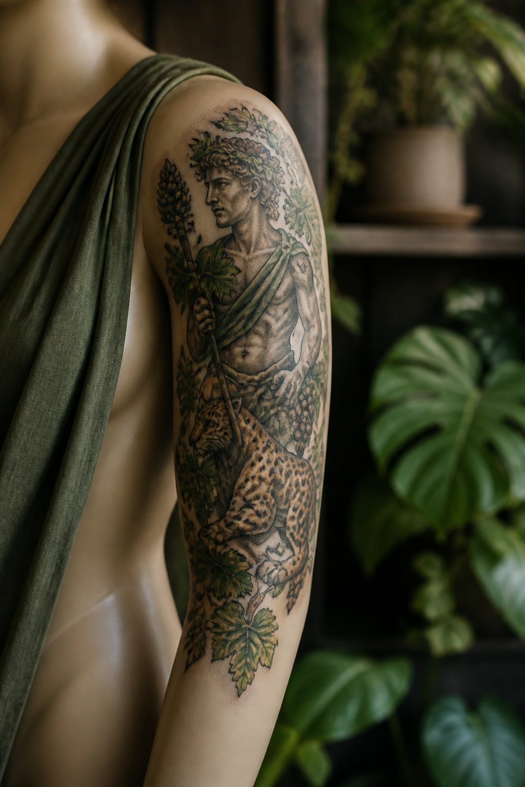 10 Greek Mythology Tattoo Ideas for 2026 7 Tattoo of Dionysus with a thyrsus, grapevine, and leopard.