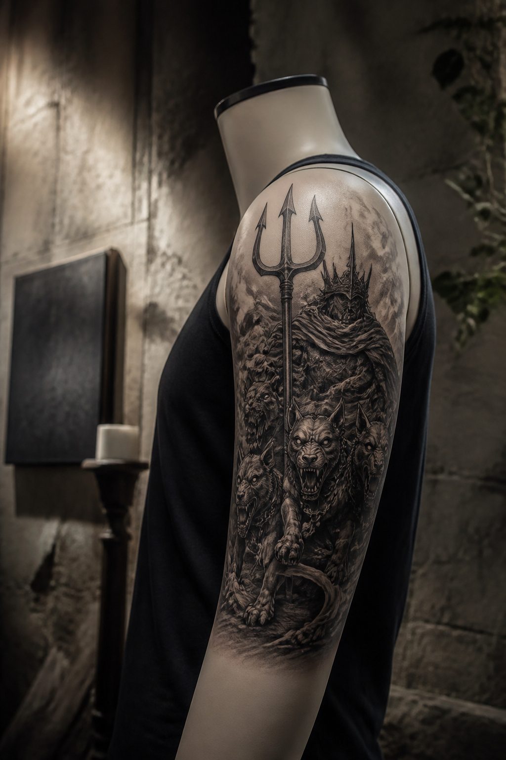 10 Greek Mythology Tattoo Ideas for 2026 9 Tattoo of Hades with a bident and Cerberus.