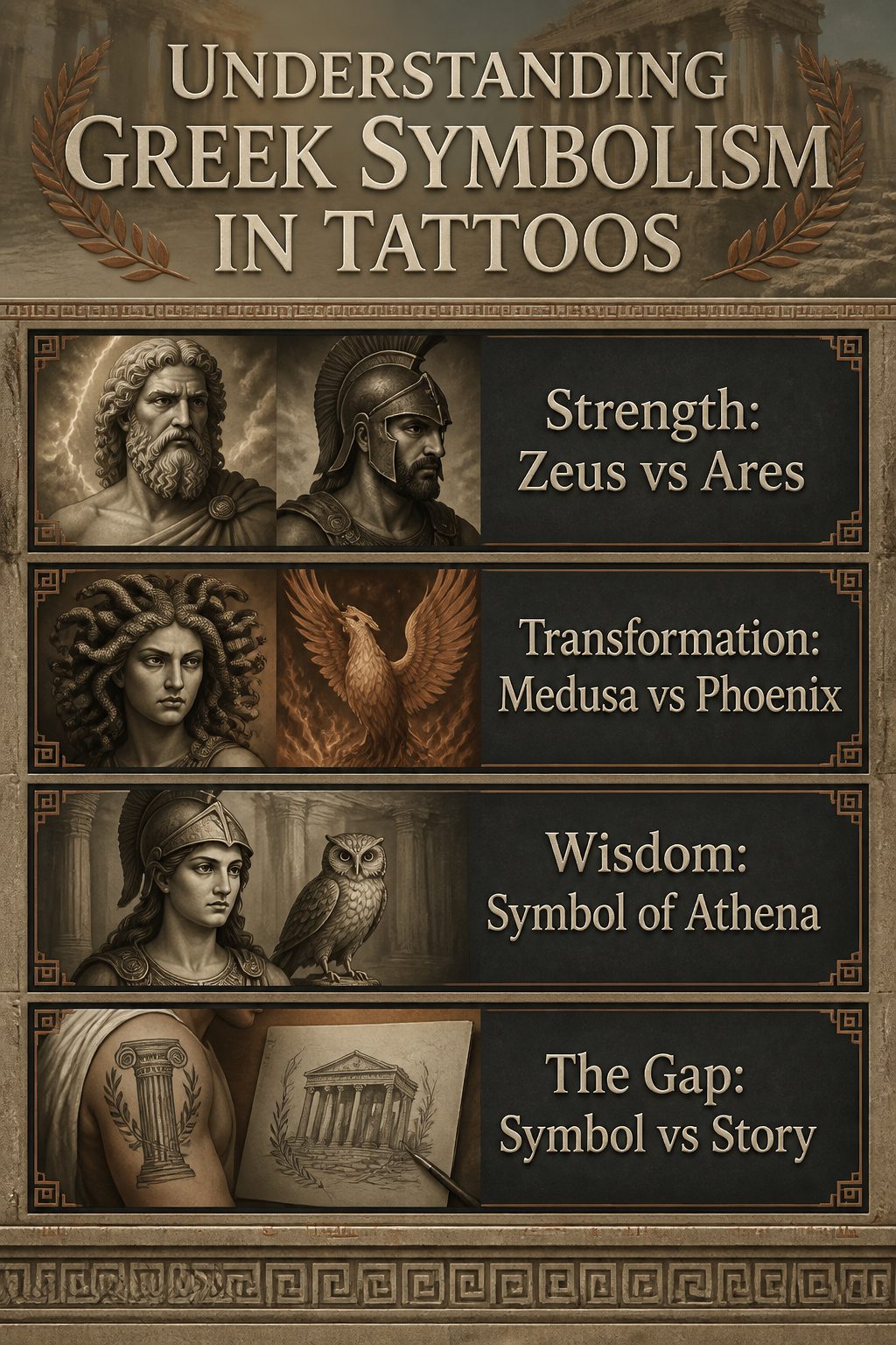 10 Greek Mythology Tattoo Ideas for 2026 11 Illustration explaining Greek symbolism in tattoos.