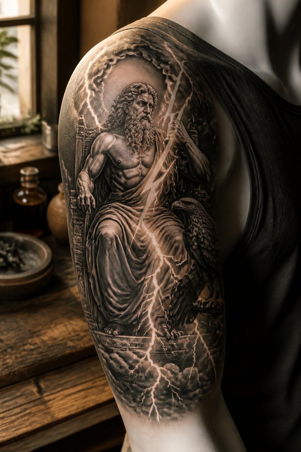 10 Greek Mythology Tattoo Ideas for 2026 1 Tattoo of Zeus with a lightning bolt and an eagle.