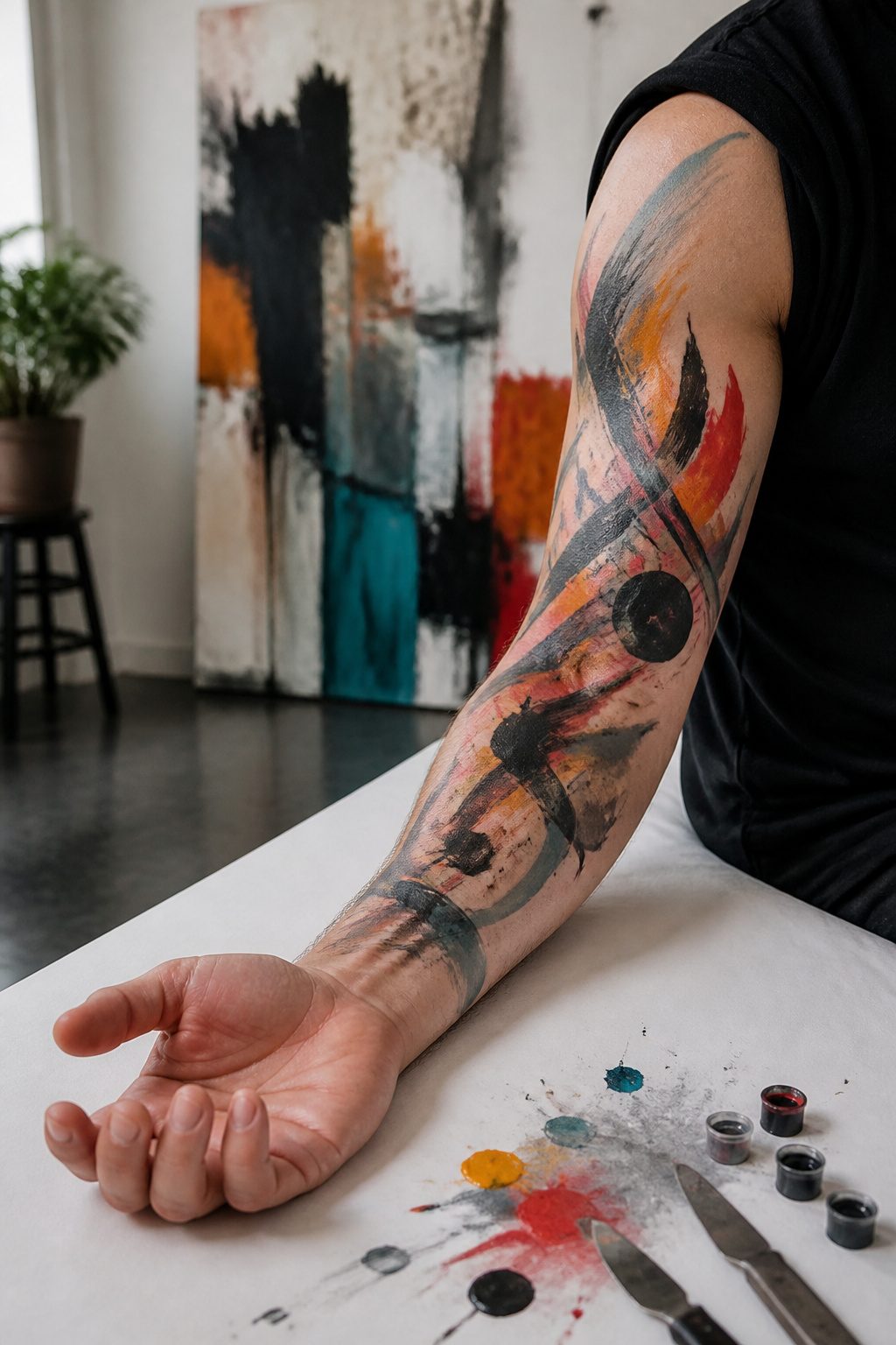 Half sleeve tattoo displaying abstract designs and colors.