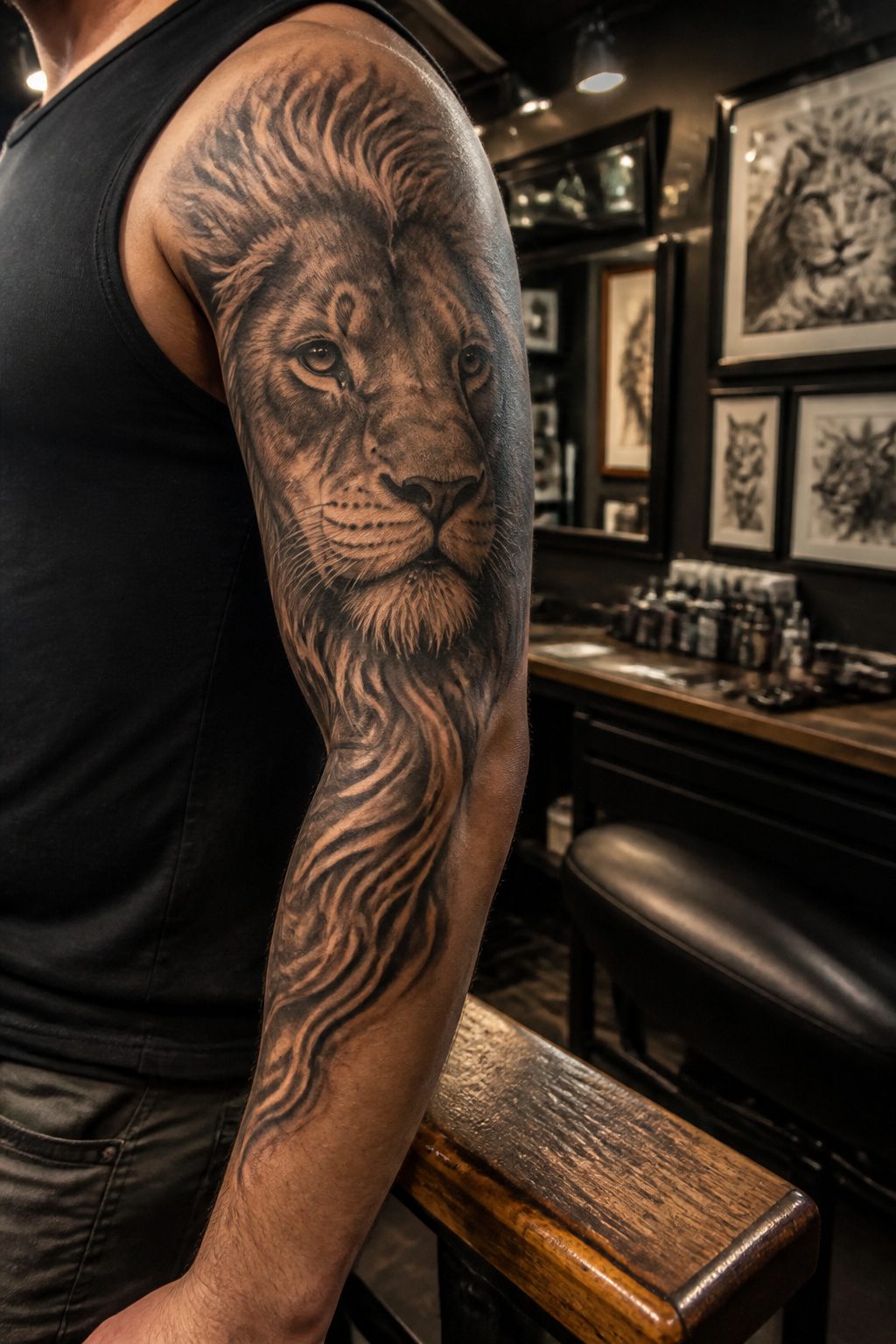 Half sleeve tattoo of a wolf's face prominently displayed.