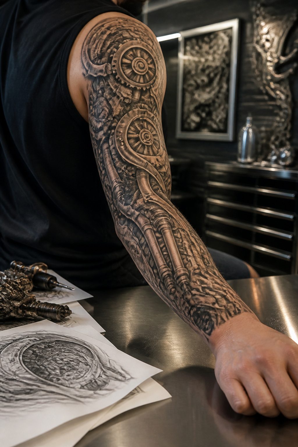 Biomechanical half sleeve tattoo showing gears and pistons.