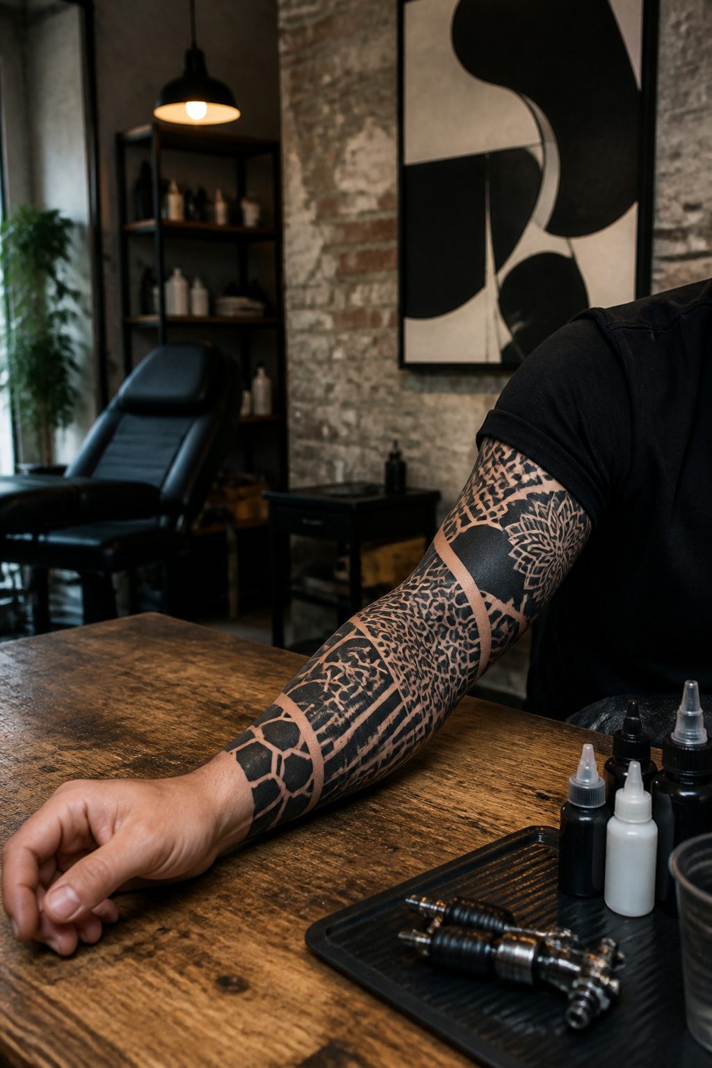 Half sleeve tattoo in solid blackwork style with detailed patterns.