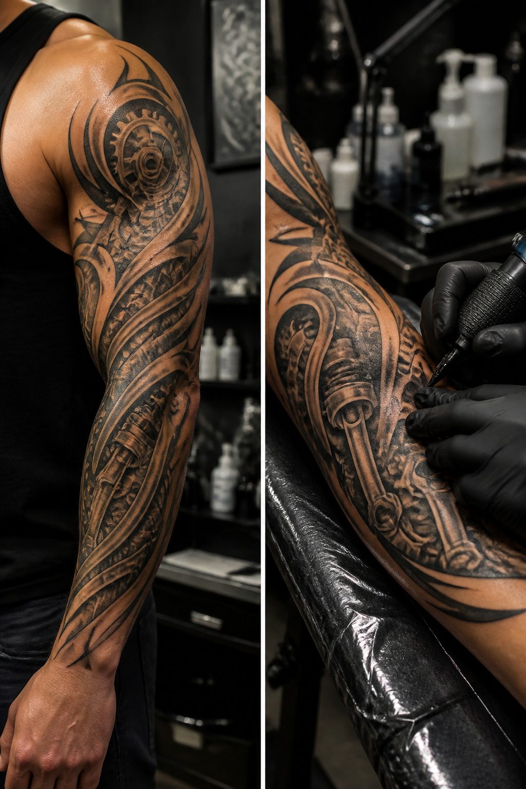 Half sleeve tattoo that follows the natural contours of the arm.