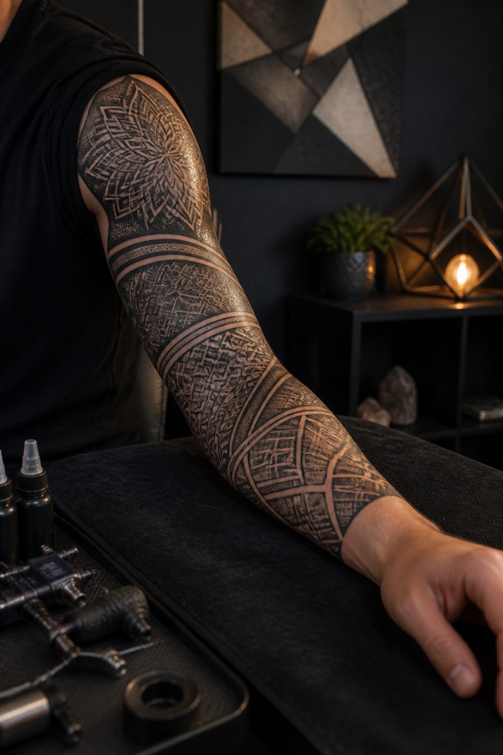 Half sleeve tattoo featuring intricate geometric patterns.