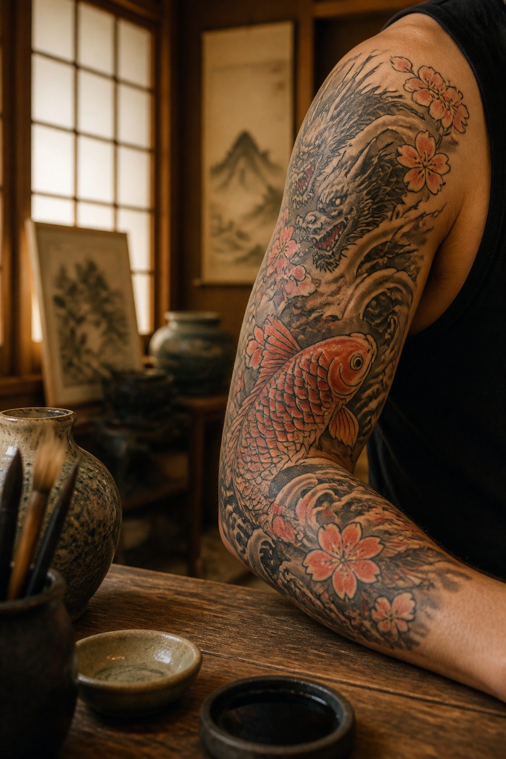 Japanese motifs in a half sleeve tattoo, including a dragon and koi fish.