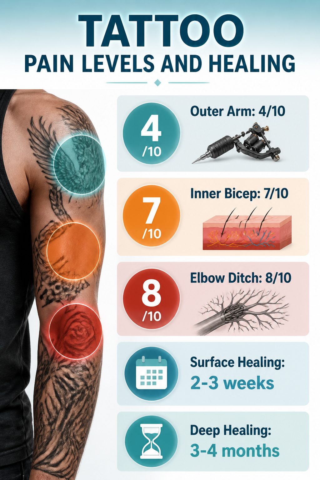 Chart illustrating tattoo pain levels and healing information.