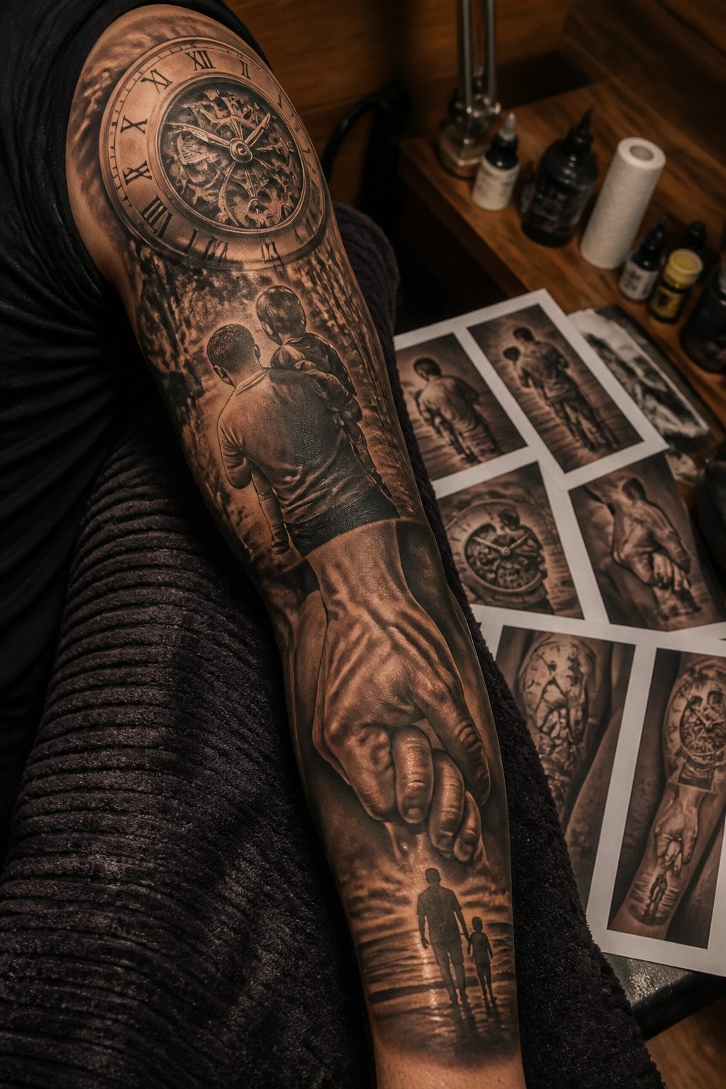 Half sleeve tattoo of a lion's face in realistic style.