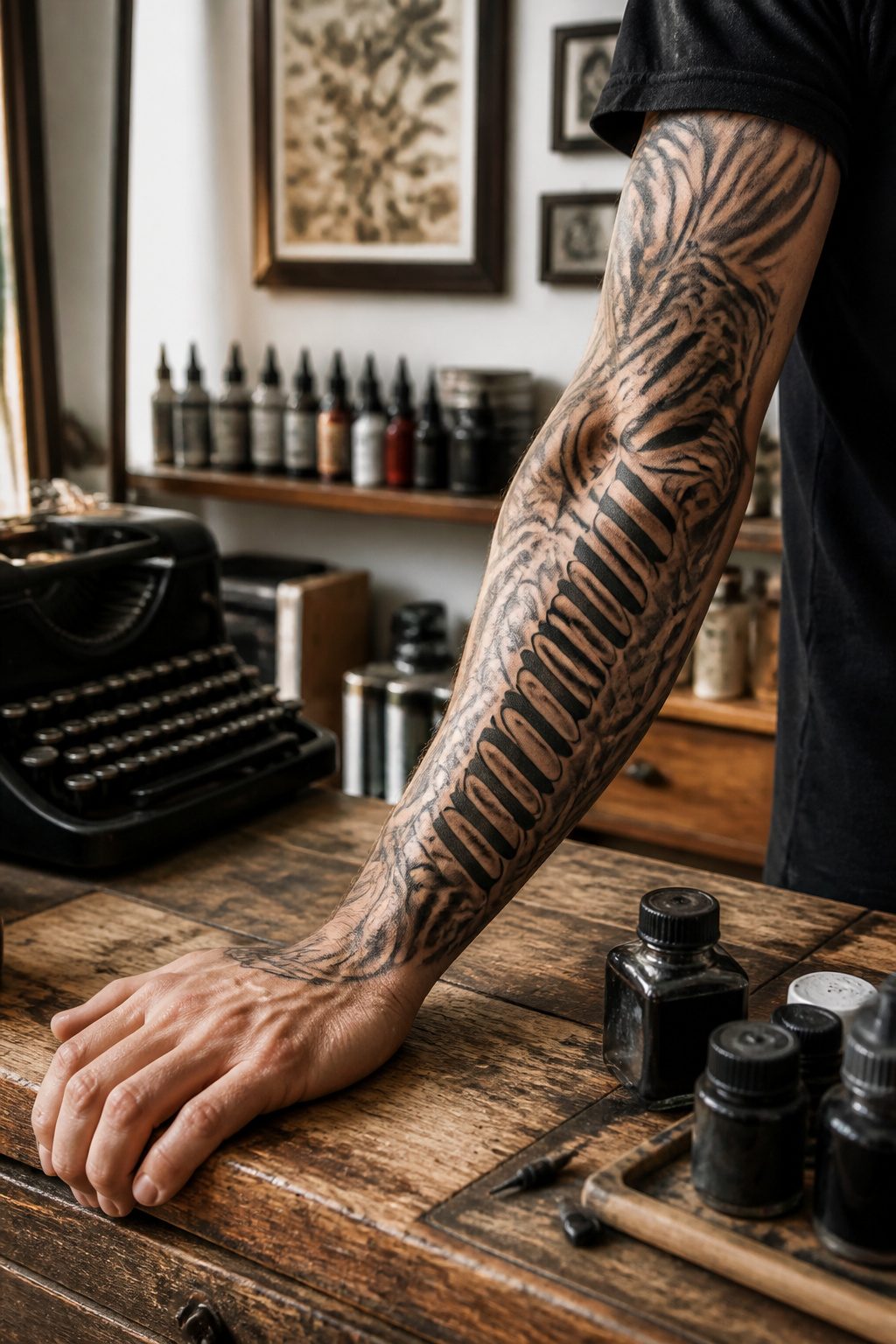 Half sleeve tattoo with strong script lettering.