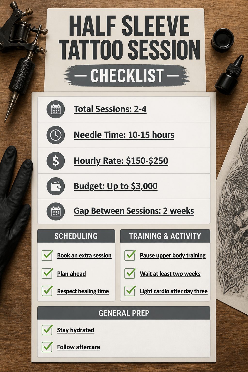 Checklist for planning half sleeve tattoo sessions.