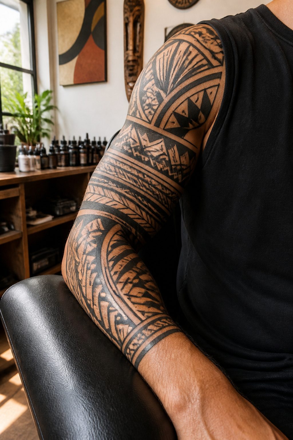 Tribal half sleeve tattoo with geometric patterns on the arm.
