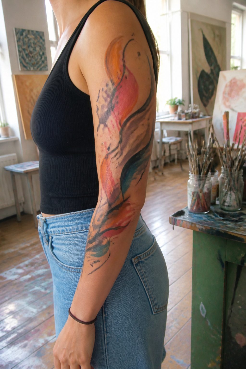 8 Half Sleeve Tattoo Styles for Women (2026 Ideas) 4 A colorful abstract tattoo with various shapes on a woman's upper arm.