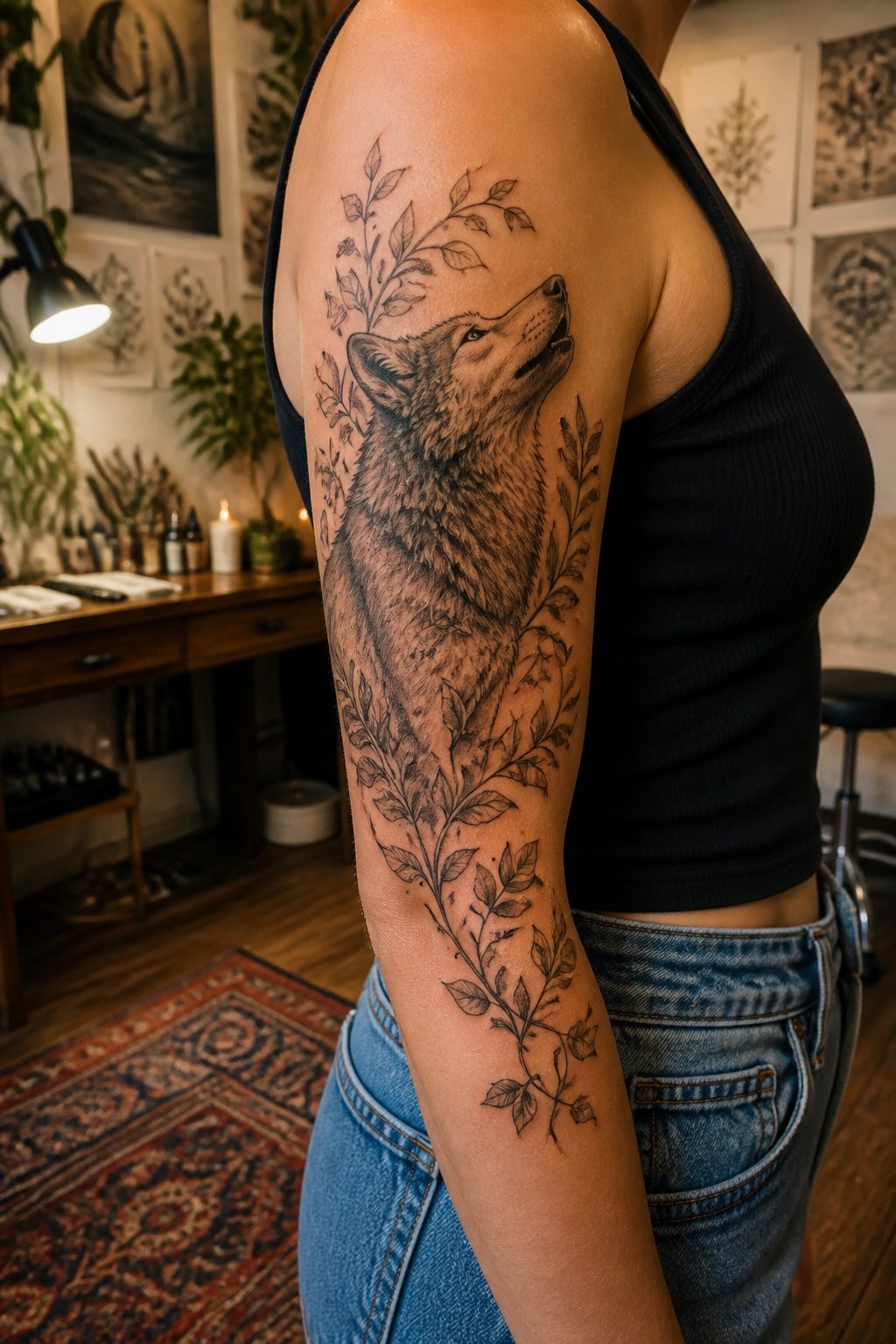 8 Half Sleeve Tattoo Styles for Women (2026 Ideas) 3 A wolf tattoo on a woman's upper arm surrounded by delicate vines.
