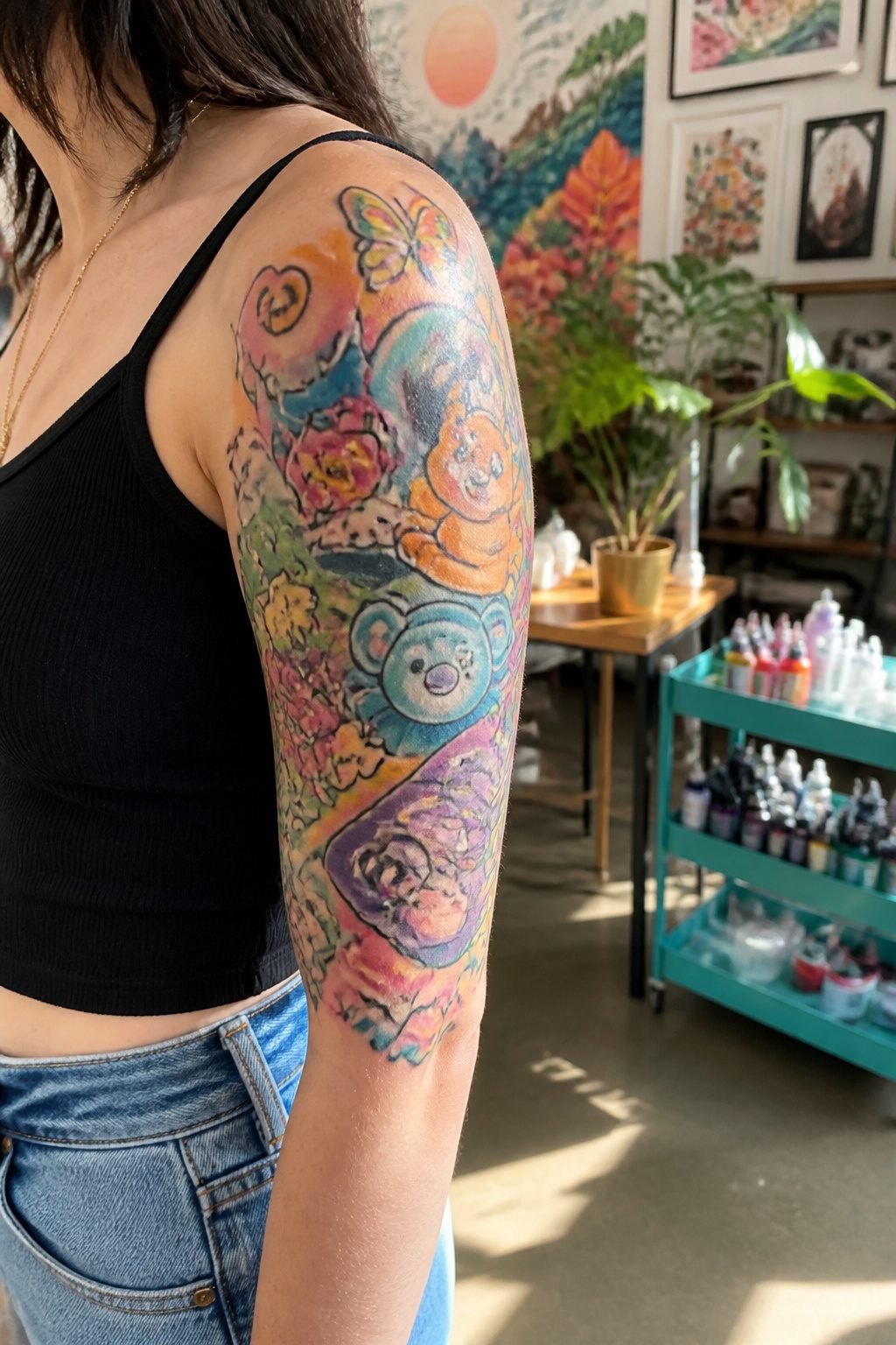 8 Half Sleeve Tattoo Styles for Women (2026 Ideas) 5 A playful cartoon tattoo on a woman's upper arm with animated characters.