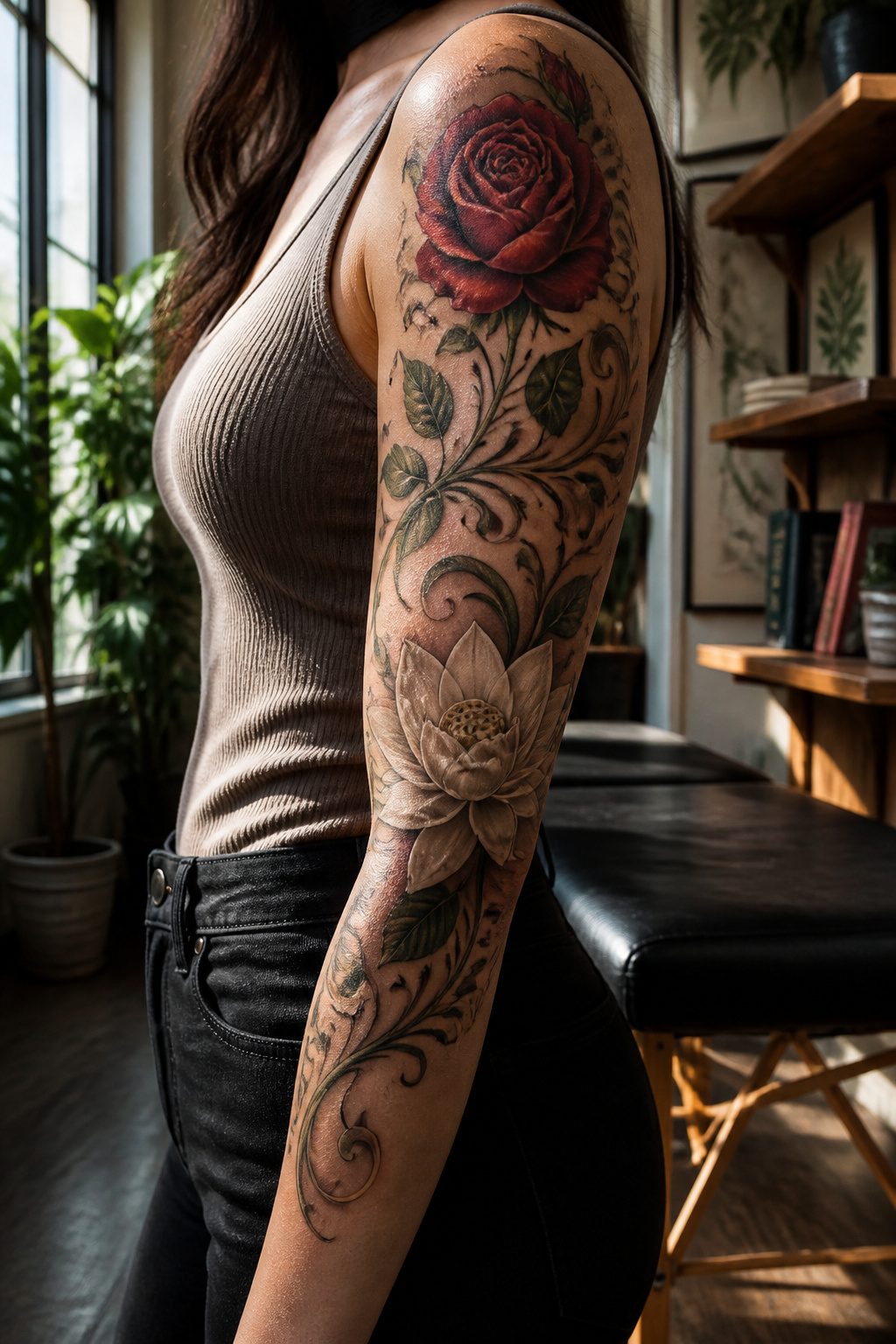 8 Half Sleeve Tattoo Styles for Women (2026 Ideas) 1 A woman's upper arm tattoo with a rose and a lotus design.