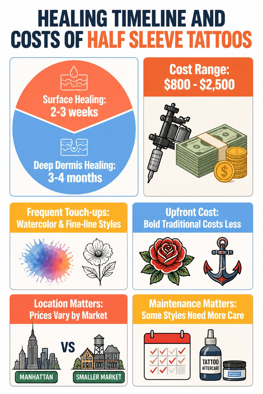 8 Half Sleeve Tattoo Styles for Women (2026 Ideas) 10 An infographic detailing the healing timeline and costs of half sleeve tattoos.
