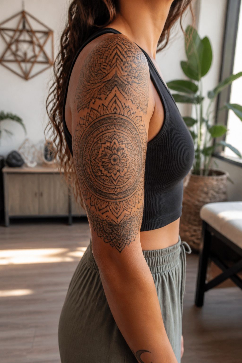 8 Half Sleeve Tattoo Styles for Women (2026 Ideas) 2 A detailed mandala tattoo covering a woman's upper arm.