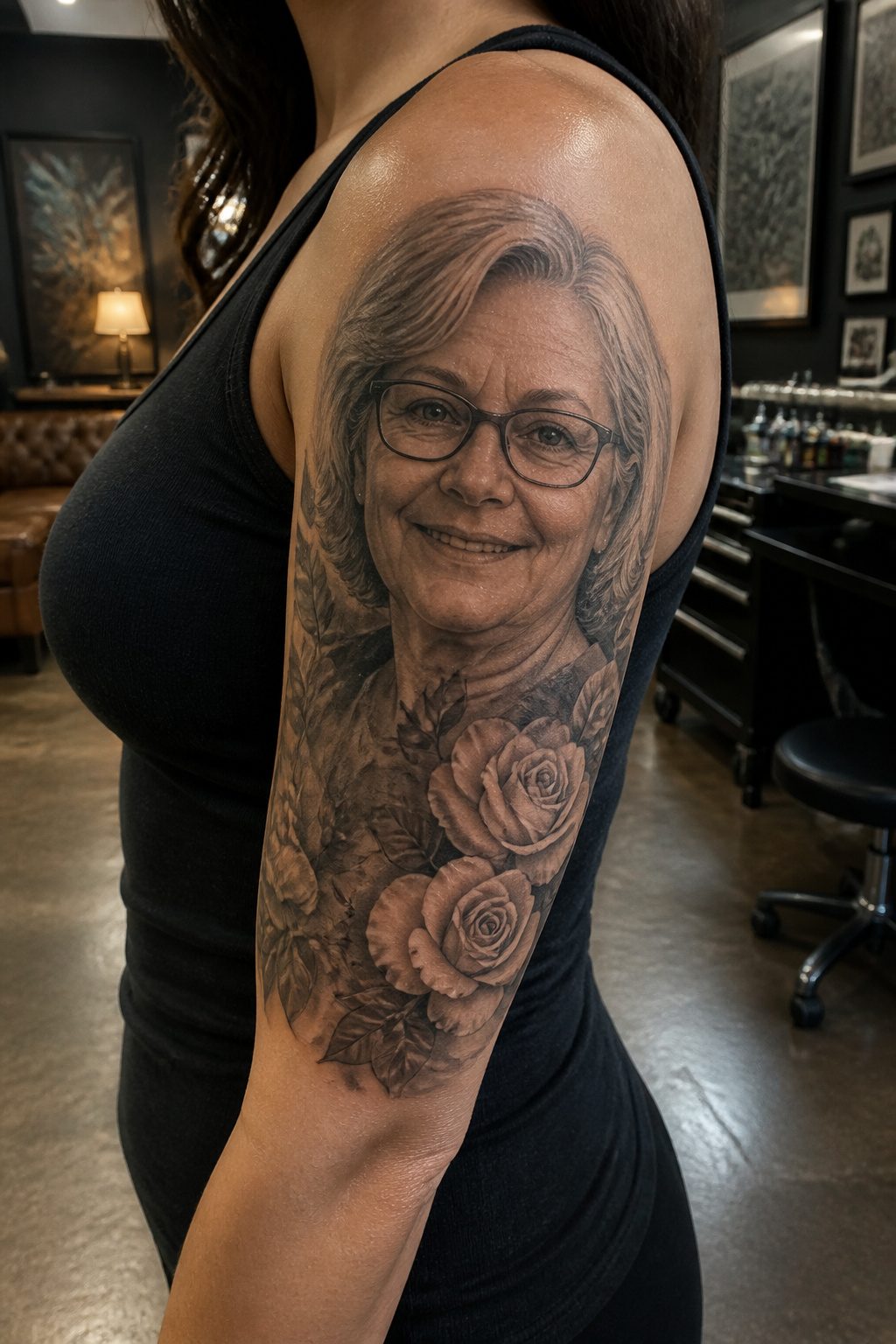 8 Half Sleeve Tattoo Styles for Women (2026 Ideas) 6 A detailed realistic portrait tattoo on a woman's upper arm.