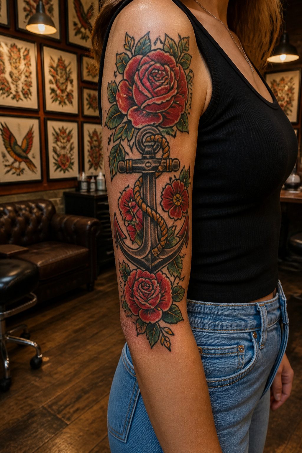 8 Half Sleeve Tattoo Styles for Women (2026 Ideas) 8 A traditional tattoo featuring an anchor and roses on a woman's upper arm.