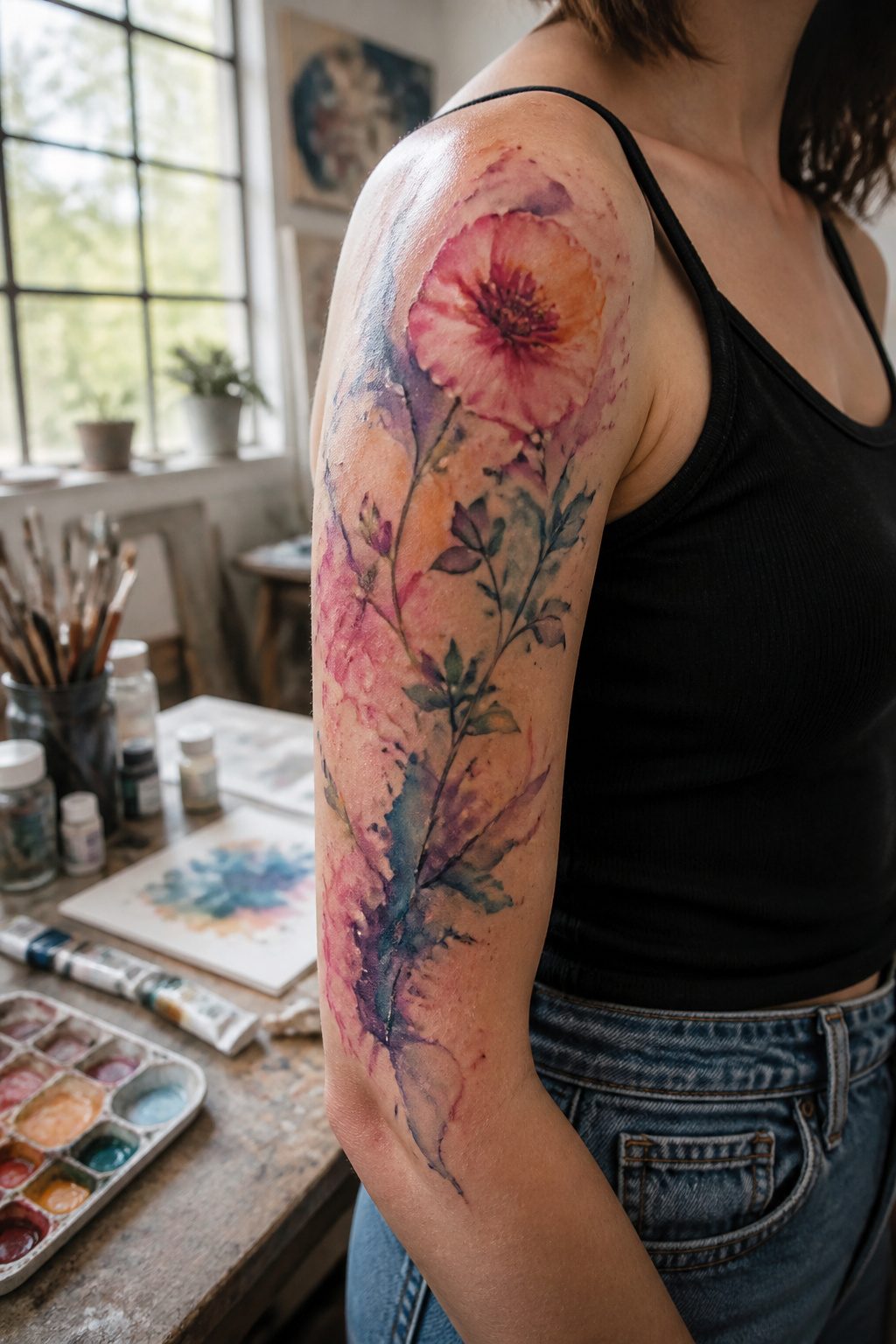 8 Half Sleeve Tattoo Styles for Women (2026 Ideas) 7 A watercolor tattoo with blended colors on a woman's upper arm.