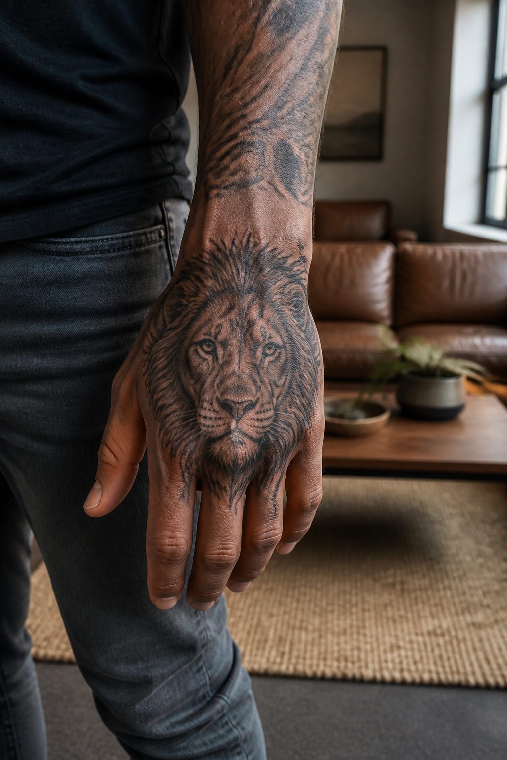 10 Hand Tattoo Ideas for Guys: Designs & Styles for 2026 2 Lion tattoo prominently displayed on a man's hand.