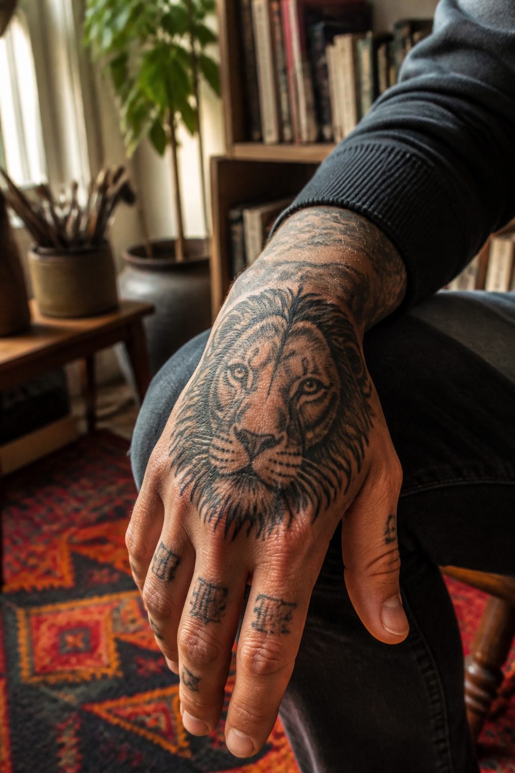 10 Hand Tattoo Ideas for Guys: Designs & Styles for 2026 9 Lion portrait tattoo on the back of a man's hand.