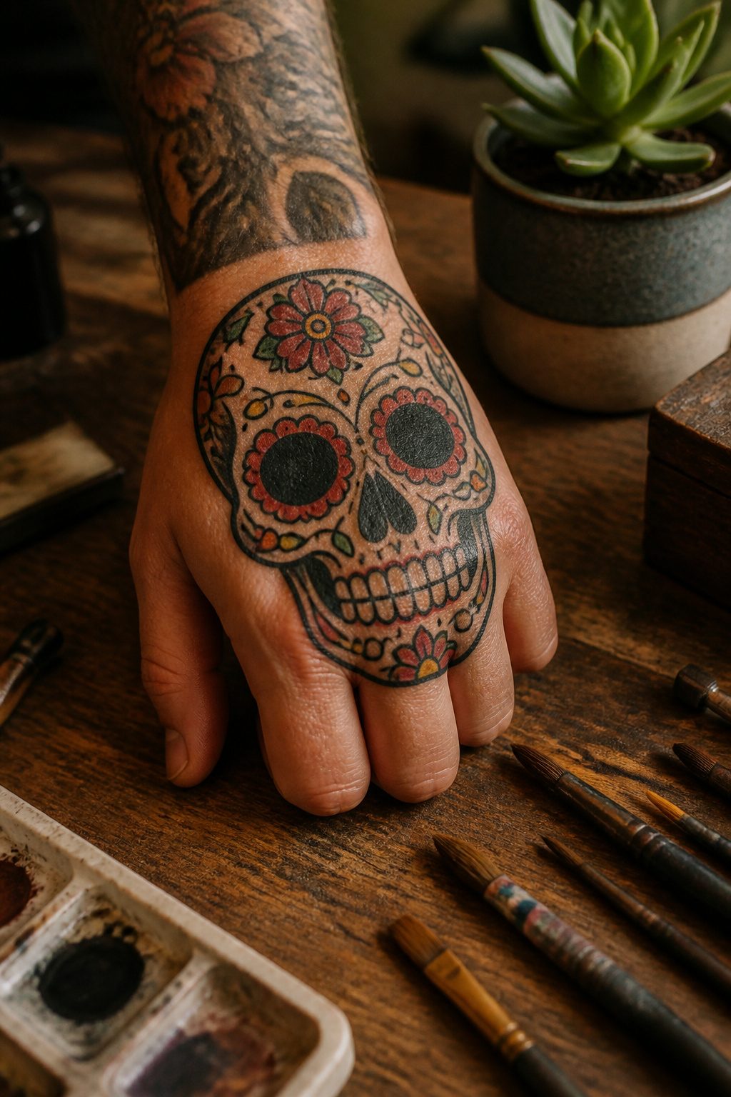 10 Hand Tattoo Ideas for Guys: Designs & Styles for 2026 3 Colorful sugar skull tattoo on a man's hand.
