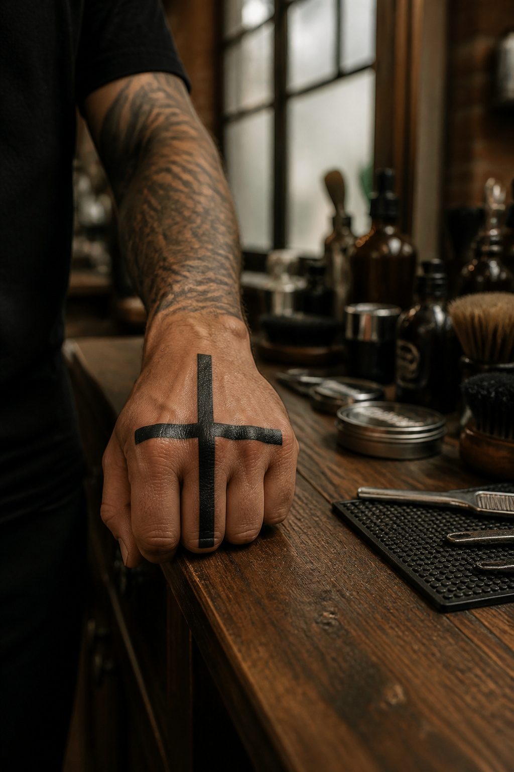 10 Hand Tattoo Ideas for Guys: Designs & Styles for 2026 1 Black cross tattoo on the knuckles of a man's hand.