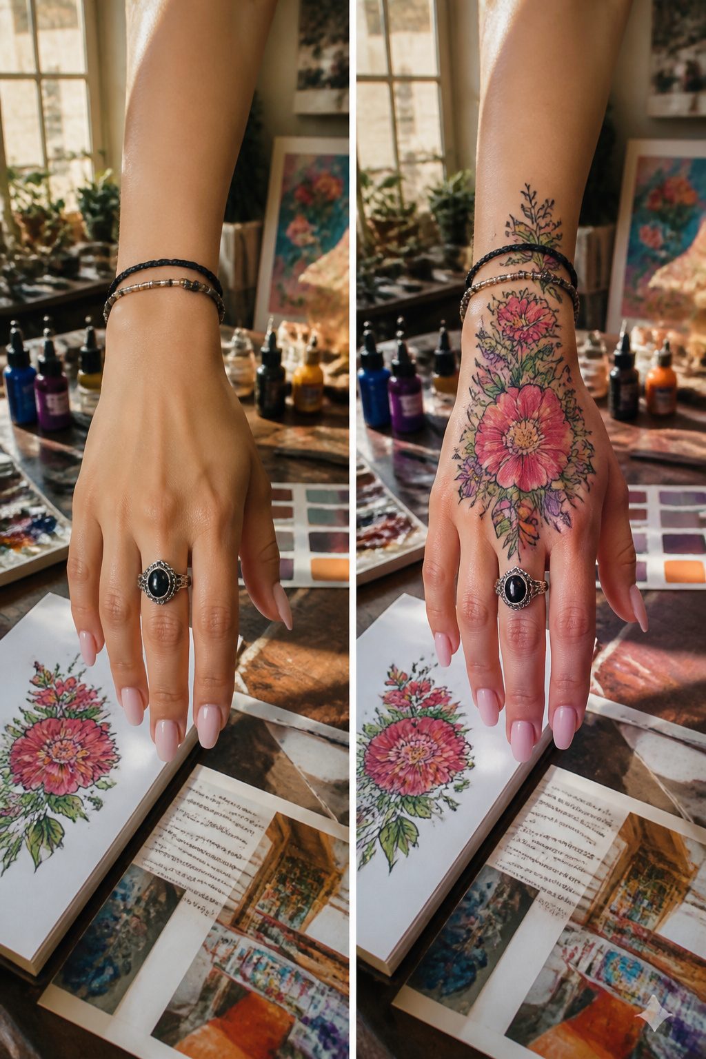 10 Hand Tattoos for Women: Styles from Simple to Symbolic (2026) 9 A hand with a colorful floral tattoo design.