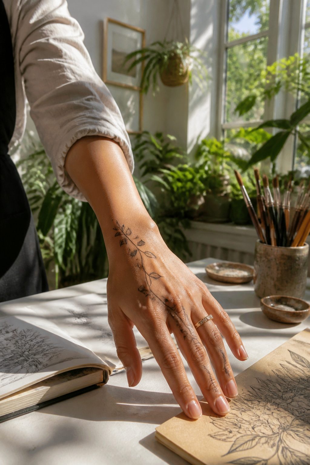 10 Hand Tattoos for Women: Styles from Simple to Symbolic (2026) 5 A close-up of a hand with a fine line vine tattoo on the fingers.