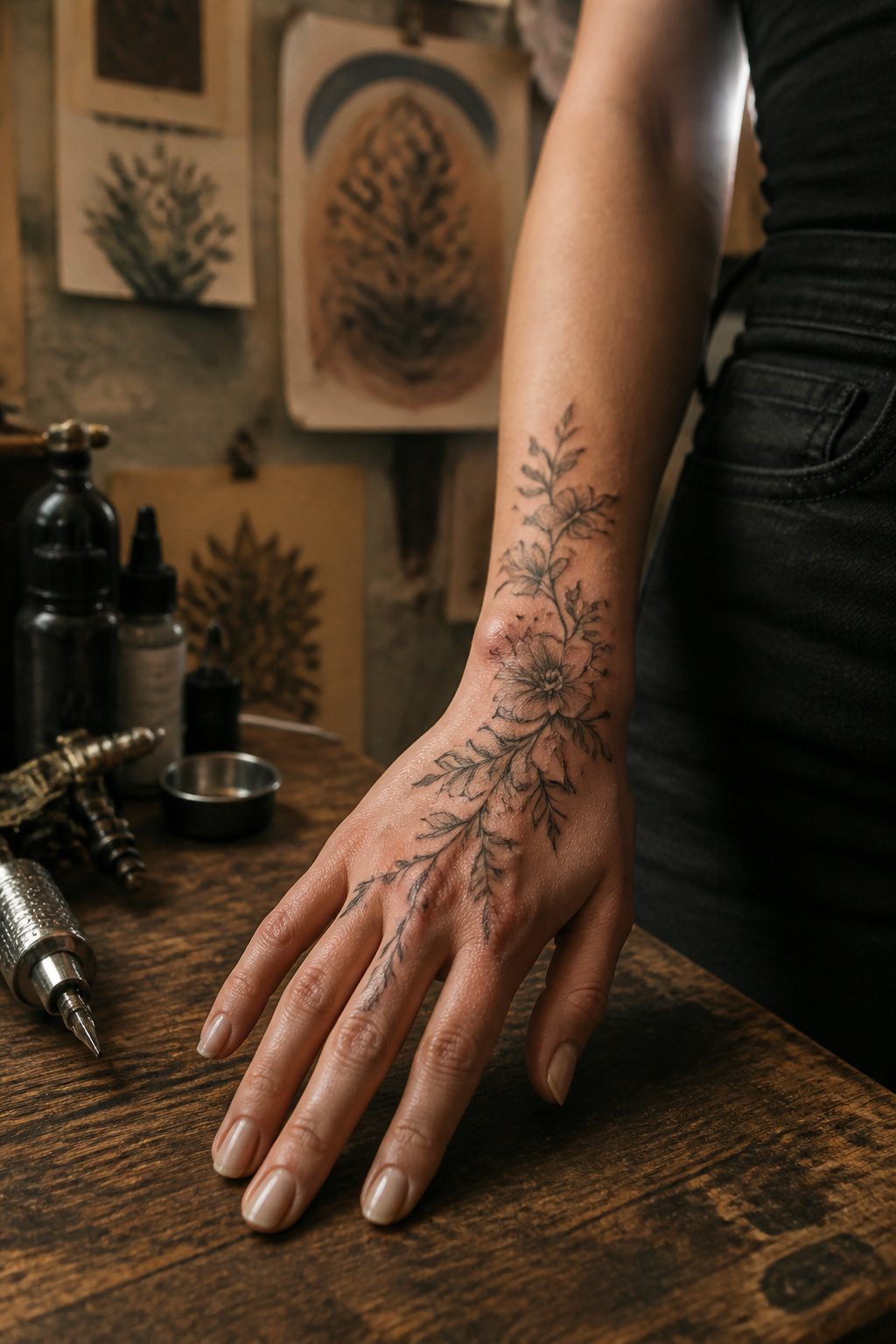 10 Hand Tattoos for Women: Styles from Simple to Symbolic (2026) 3 A floral tattoo design on the back of a hand.