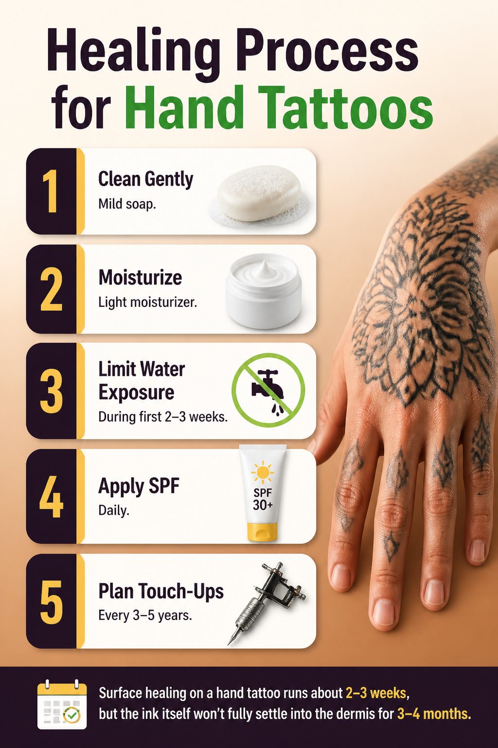 10 Hand Tattoos for Women: Styles from Simple to Symbolic (2026) 12 A graphic explaining the healing stages of hand tattoos.