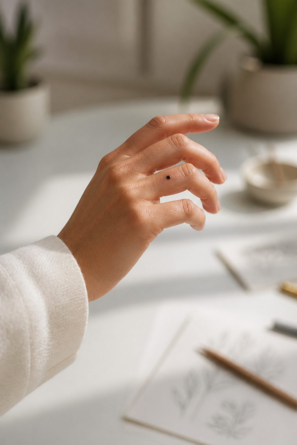 10 Hand Tattoos for Women: Styles from Simple to Symbolic (2026) 7 A close-up of a hand with a minimalist dot tattoo on the finger.