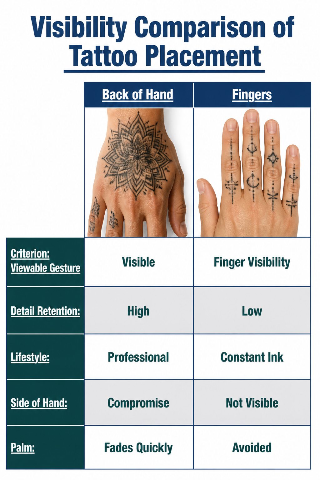 10 Hand Tattoos for Women: Styles from Simple to Symbolic (2026) 13 A graphic showing visibility comparison of tattoo placements on a hand.