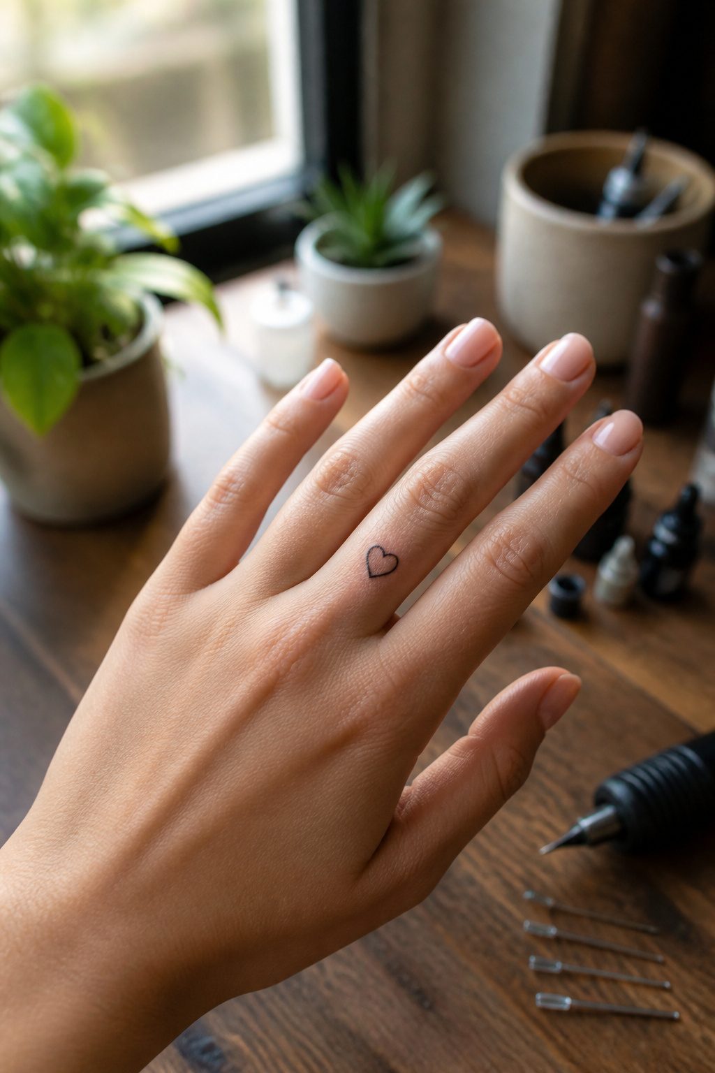 10 Hand Tattoos for Women: Styles from Simple to Symbolic (2026) 1 A close-up of a hand with a tiny heart tattoo on the finger.