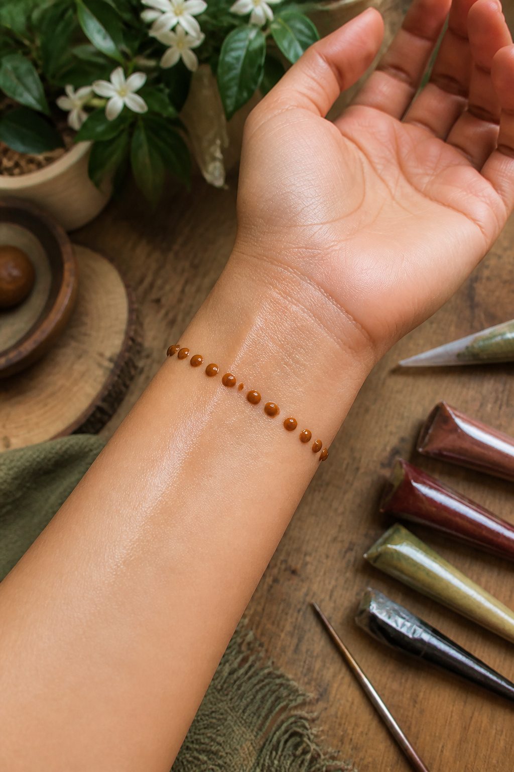 10 Henna Tattoo Designs for Beginners and Special Occasions 1 A close-up of a wrist with a row of henna dots.