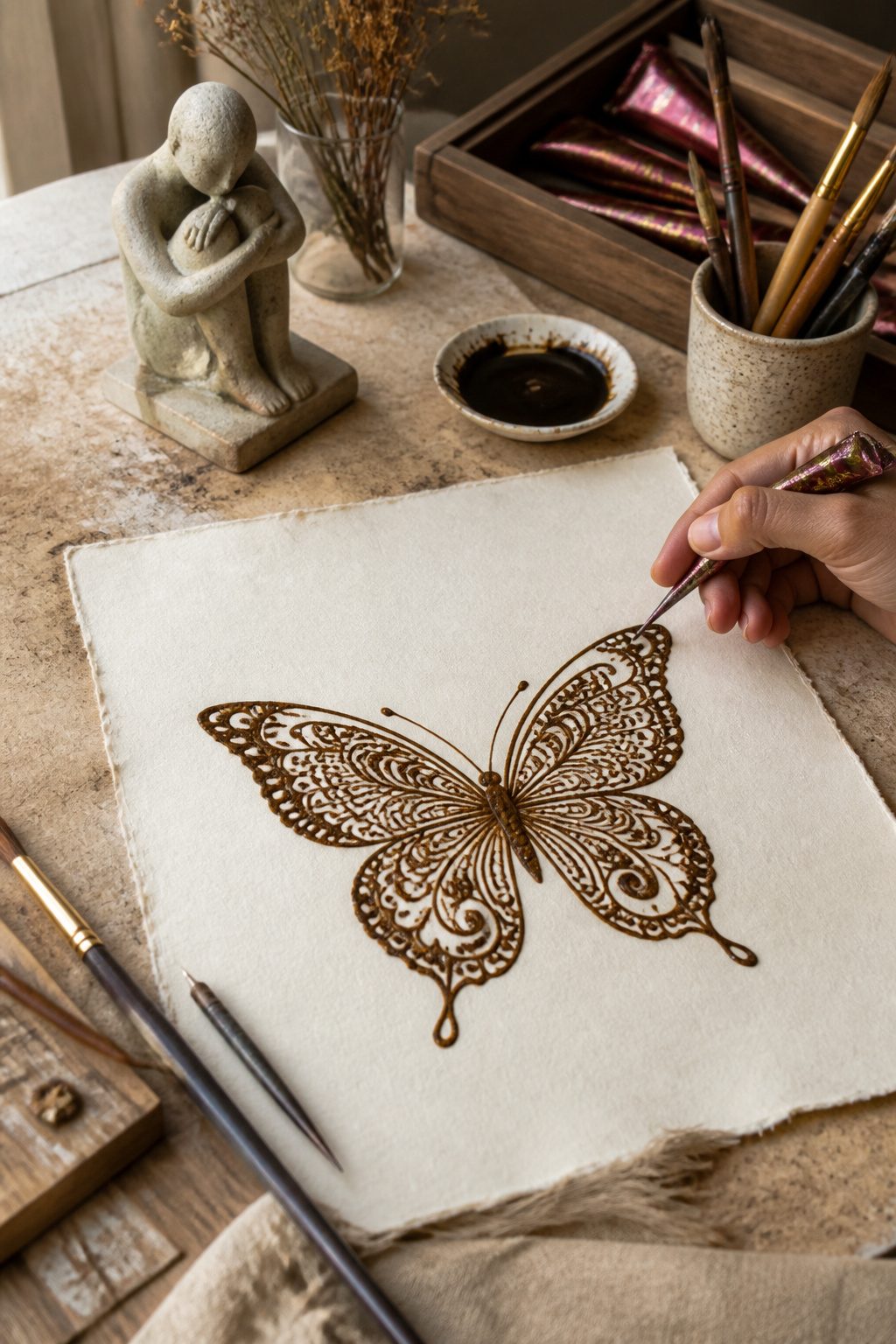 10 Henna Tattoo Designs for Beginners and Special Occasions 6 An artistic butterfly henna design on a light canvas.