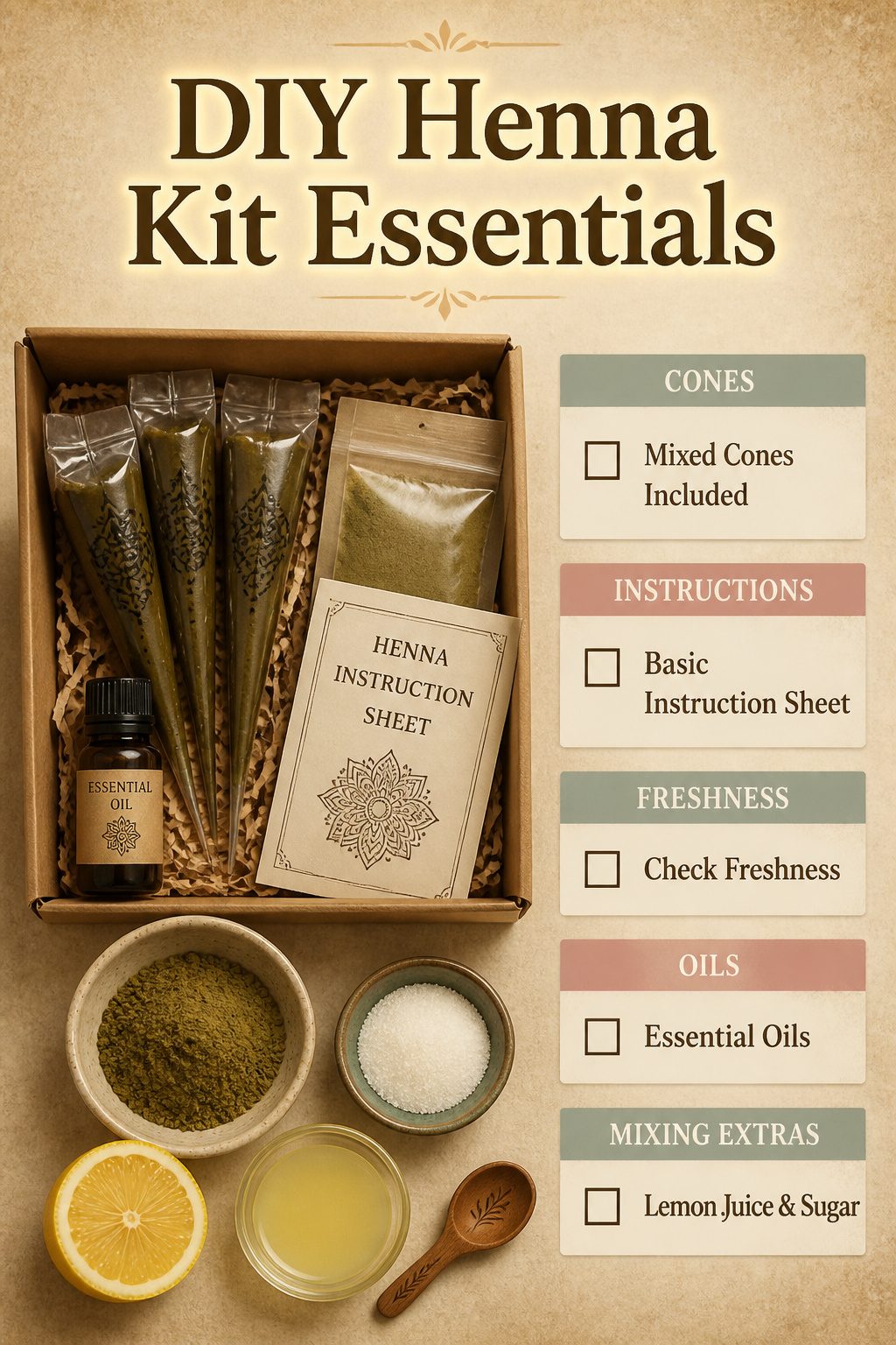 10 Henna Tattoo Designs for Beginners and Special Occasions 15 A commercial henna kit with cones and basic supplies.