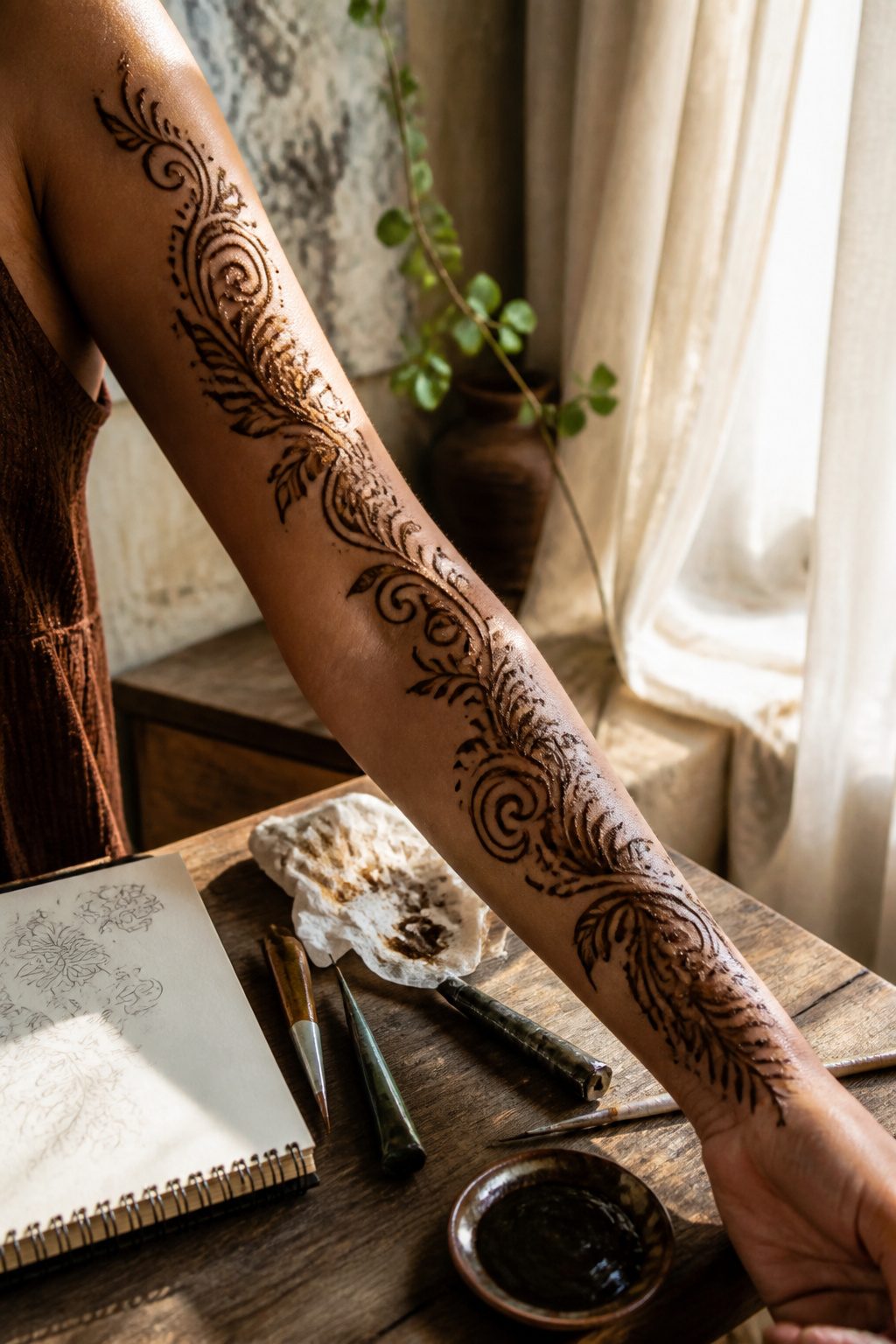 10 Henna Tattoo Designs for Beginners and Special Occasions 5 Henna designs of vines wrapping around a forearm.